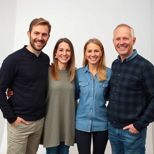 Gruppebillede af InterviewStudiet teamet: Anders Holm, Sofie Lund, Maria Jensen og Peter Nielsen smiler til kameraet i studiet.