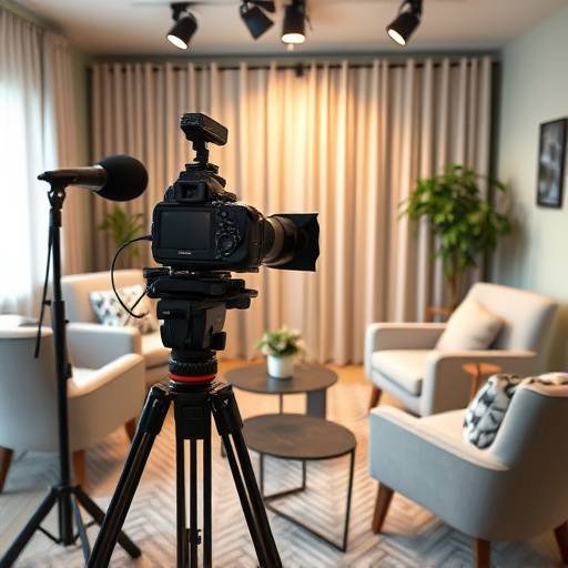 Interiørbillede af InterviewStudiet: Et veludstyret studie med kamera, mikrofoner og komfortable stole.